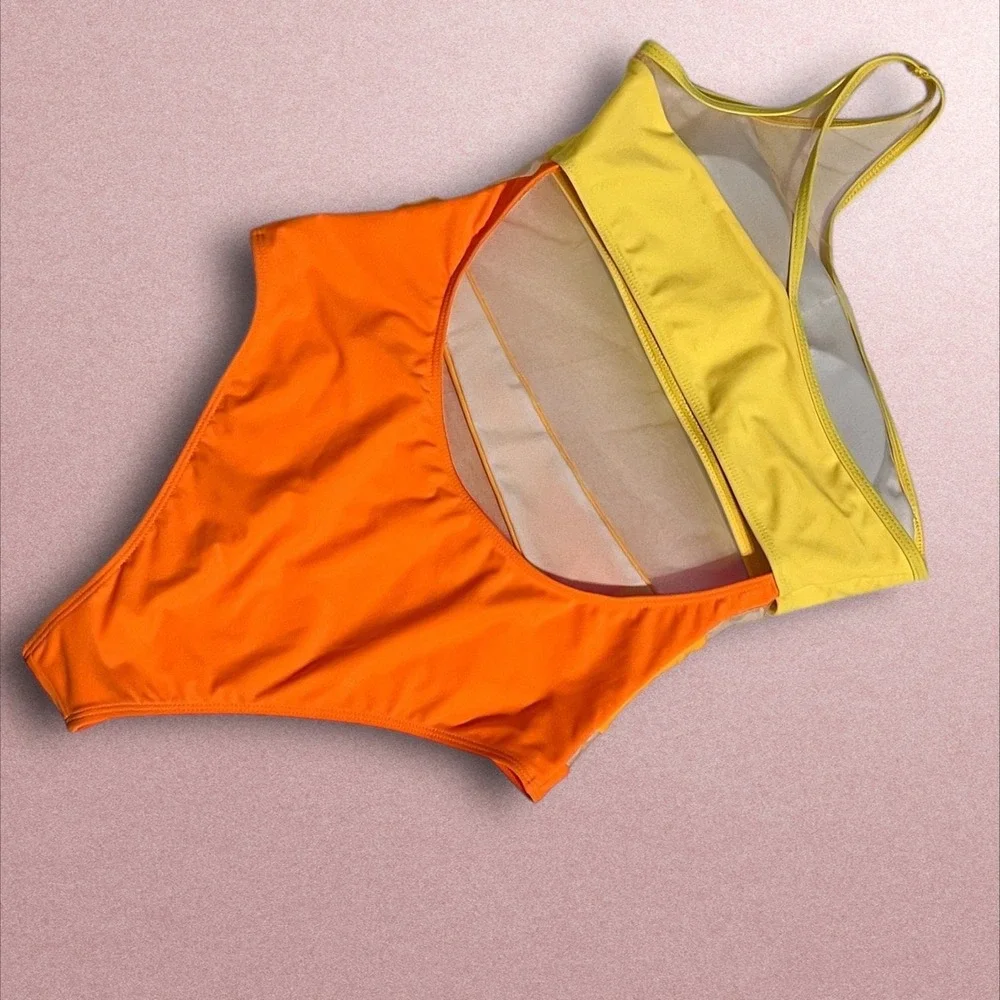 Colorblock One Shoulder Mesh‎ Cutout One Piece Swimsuit Yellow Orange High Leg L